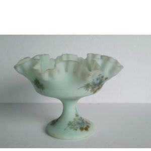 Vintage Fenton Glass Blue Satin Roses Hand Painted Signed Compote Dish "Pls Read